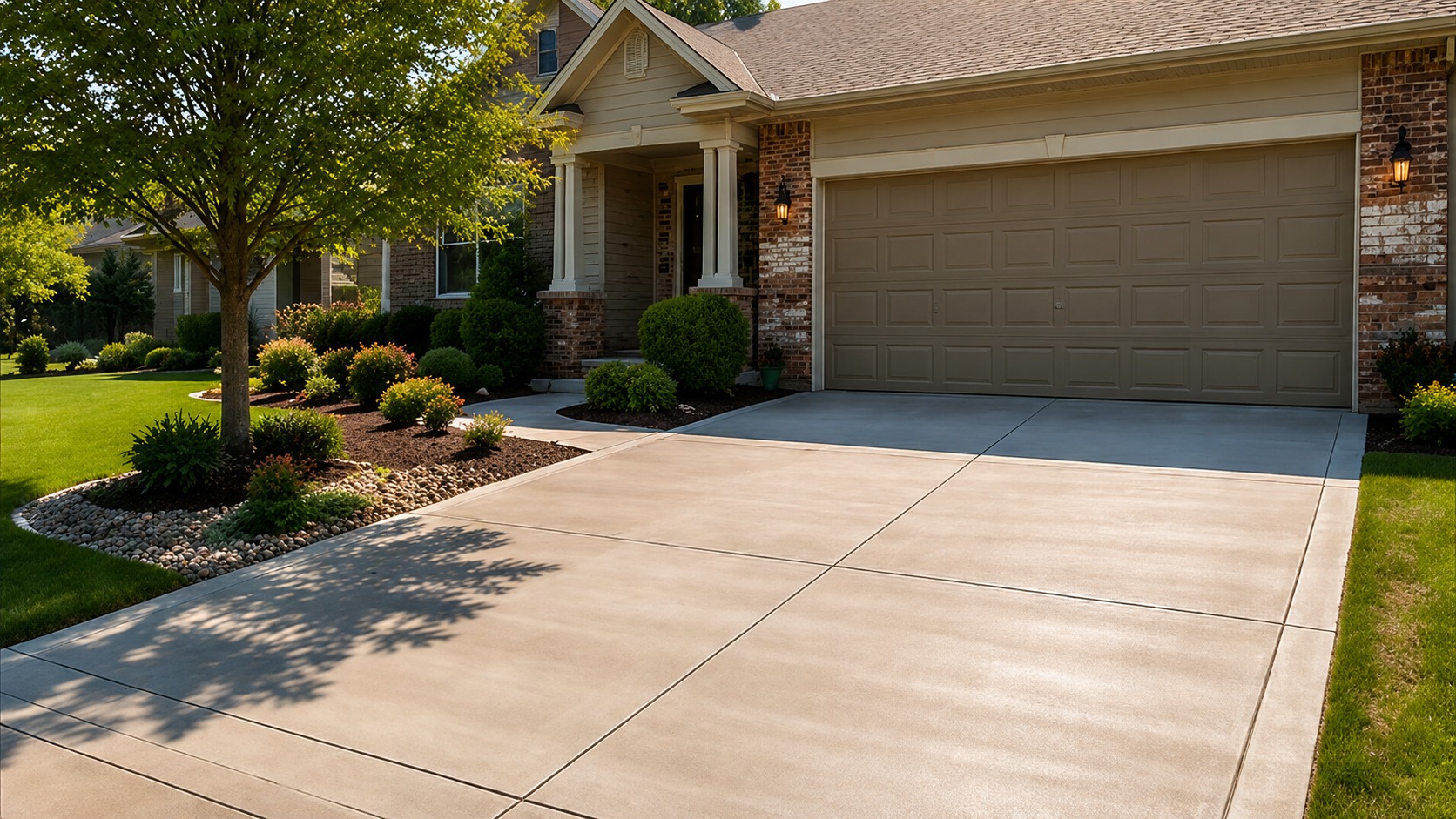 Wide concrete driveway at golden hour