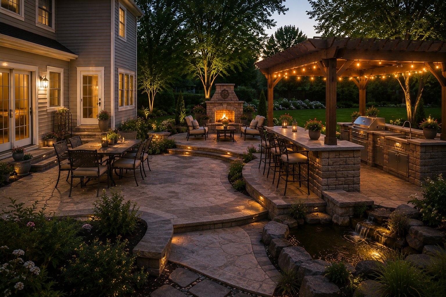 Stamped concrete patio at dusk with fire pit seating area, pergola with string lights, and outdoor kitchen showing multiple outdoor living zones
