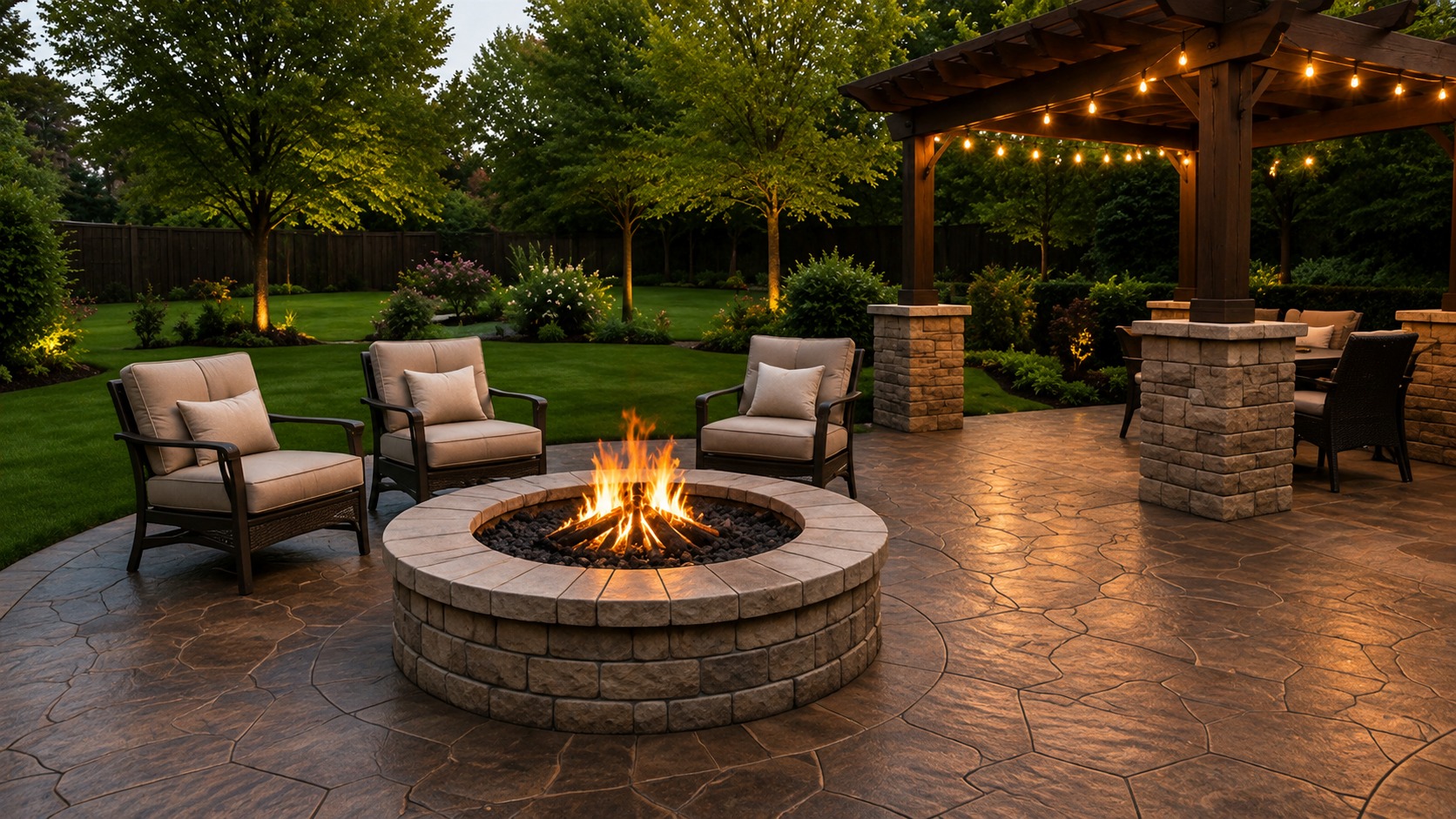 Stamped concrete patio with pergola and fire pit at dusk