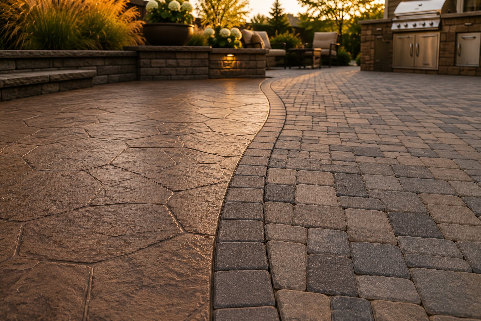 Side-by-side comparison of stamped concrete and pavers in an outdoor living space at dusk, showing both surface textures