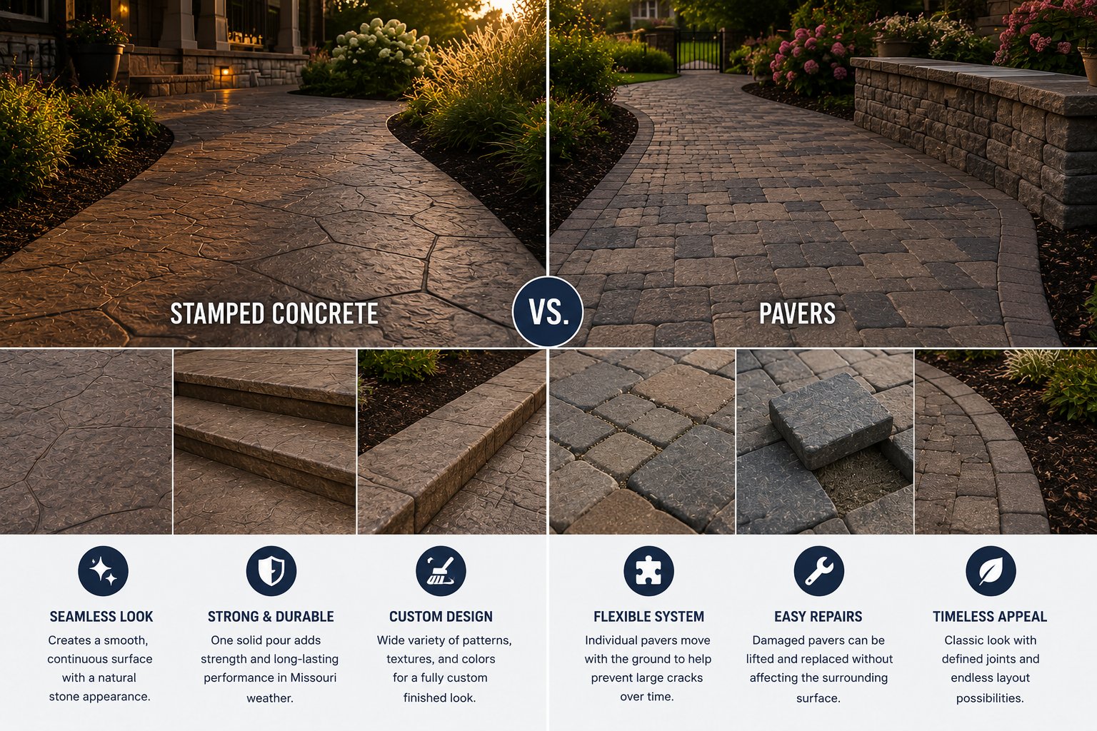Stamped Concrete vs. Pavers comparison infographic showing seamless look, strength, custom design, flexible system, easy repairs, and timeless appeal side by side