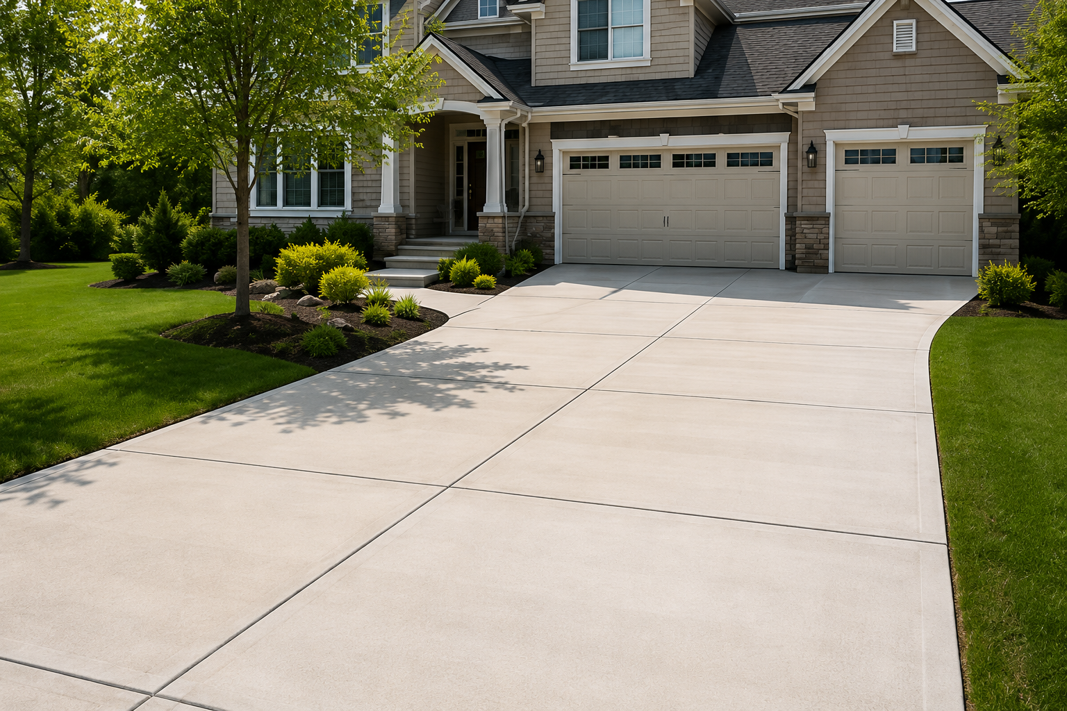 Premium concrete driveway with landscaping at a luxury residential home in St. Charles County Missouri