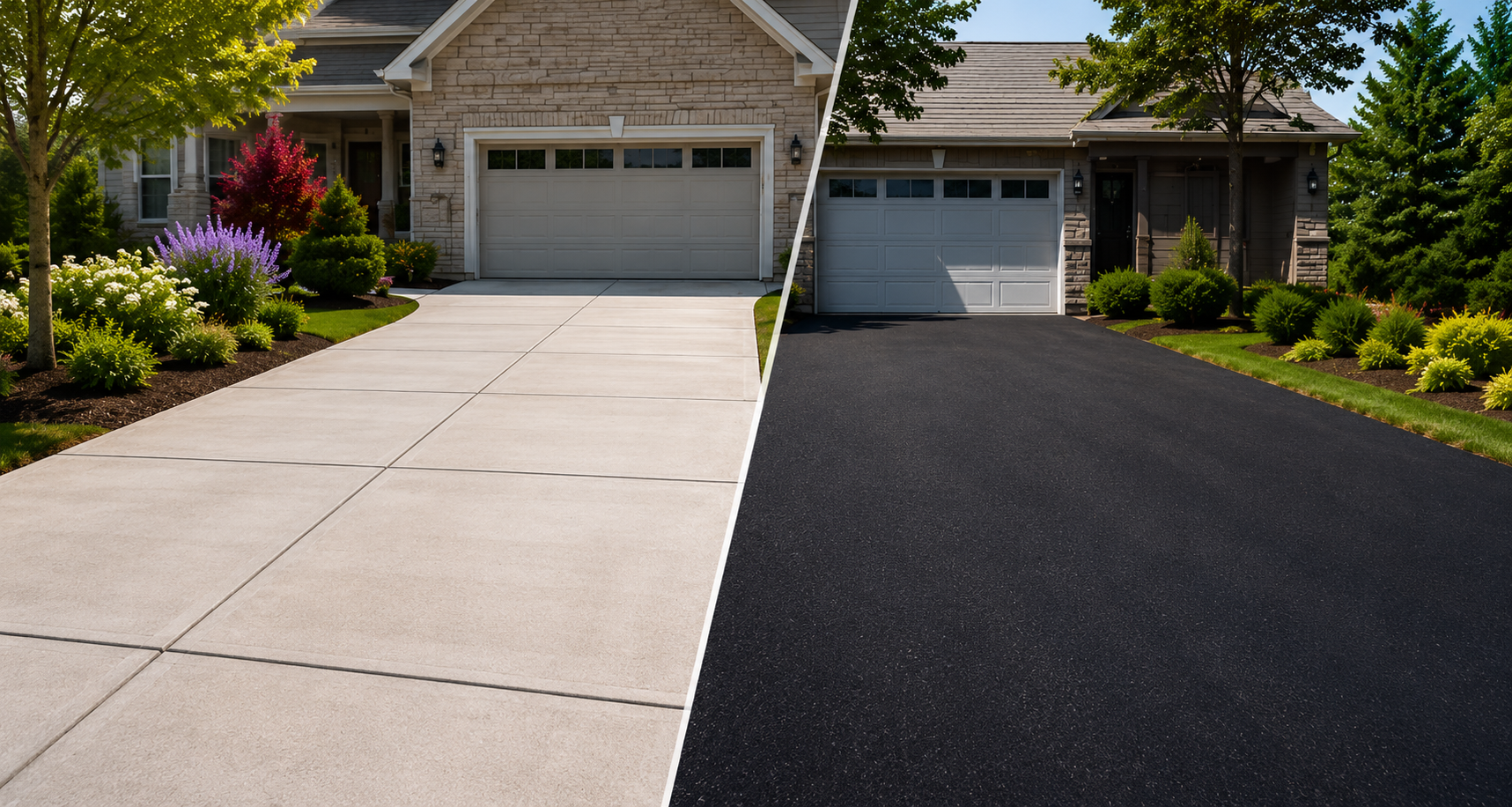 Side-by-side comparison of a concrete driveway and an asphalt driveway in front of residential homes