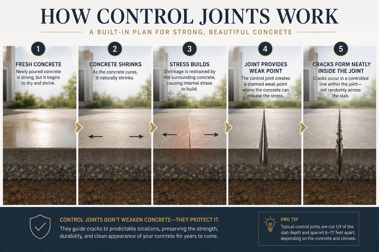 Infographic showing five stages of how control joints work: fresh concrete, concrete shrinks, stress builds, joint provides weak point, and cracks form neatly inside the joint