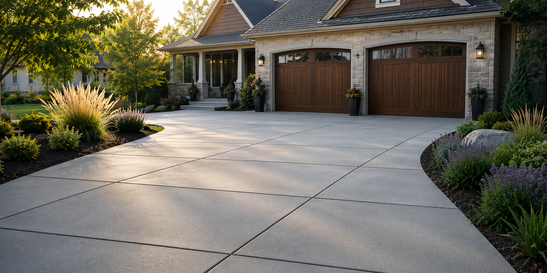 Premium concrete driveway with visible control joints at golden hour in St. Charles County Missouri