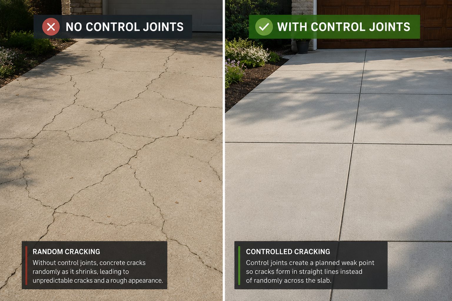 Side-by-side comparison of a concrete driveway without control joints showing random cracking versus a concrete driveway with properly installed control joints showing clean, straight lines