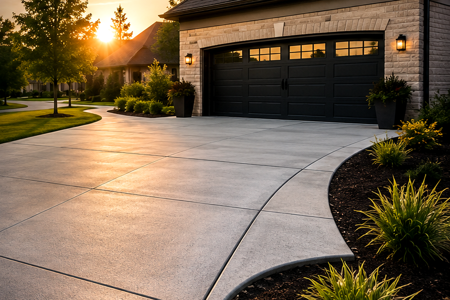Luxury concrete driveway at golden hour