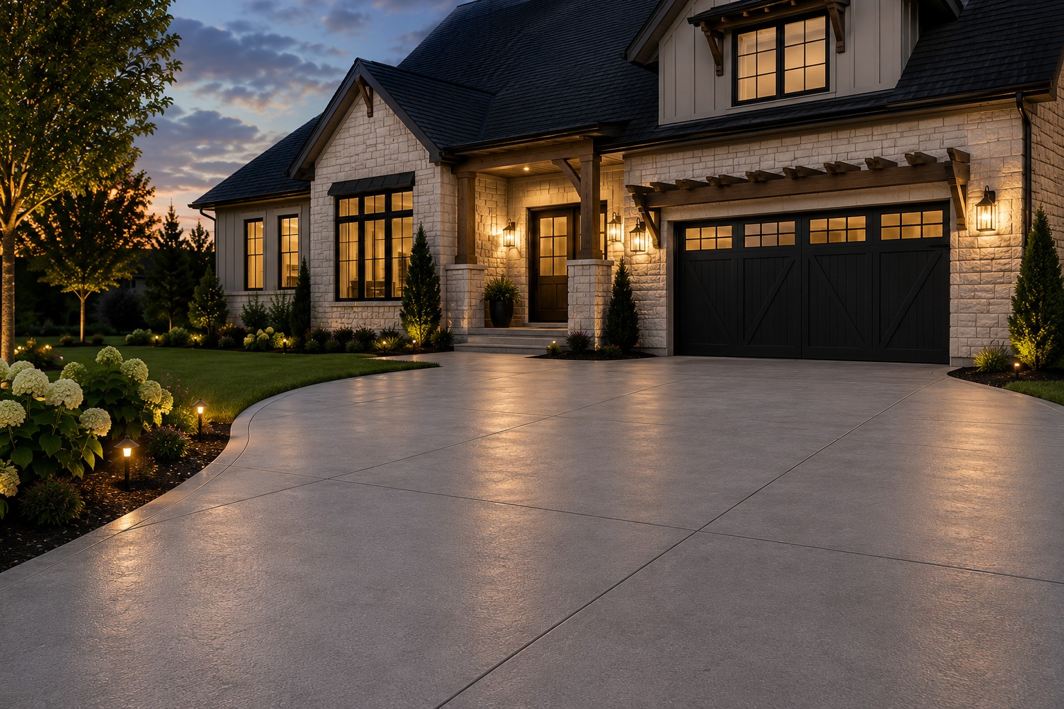 Concrete driveway leading to a home in St. Charles County at dusk