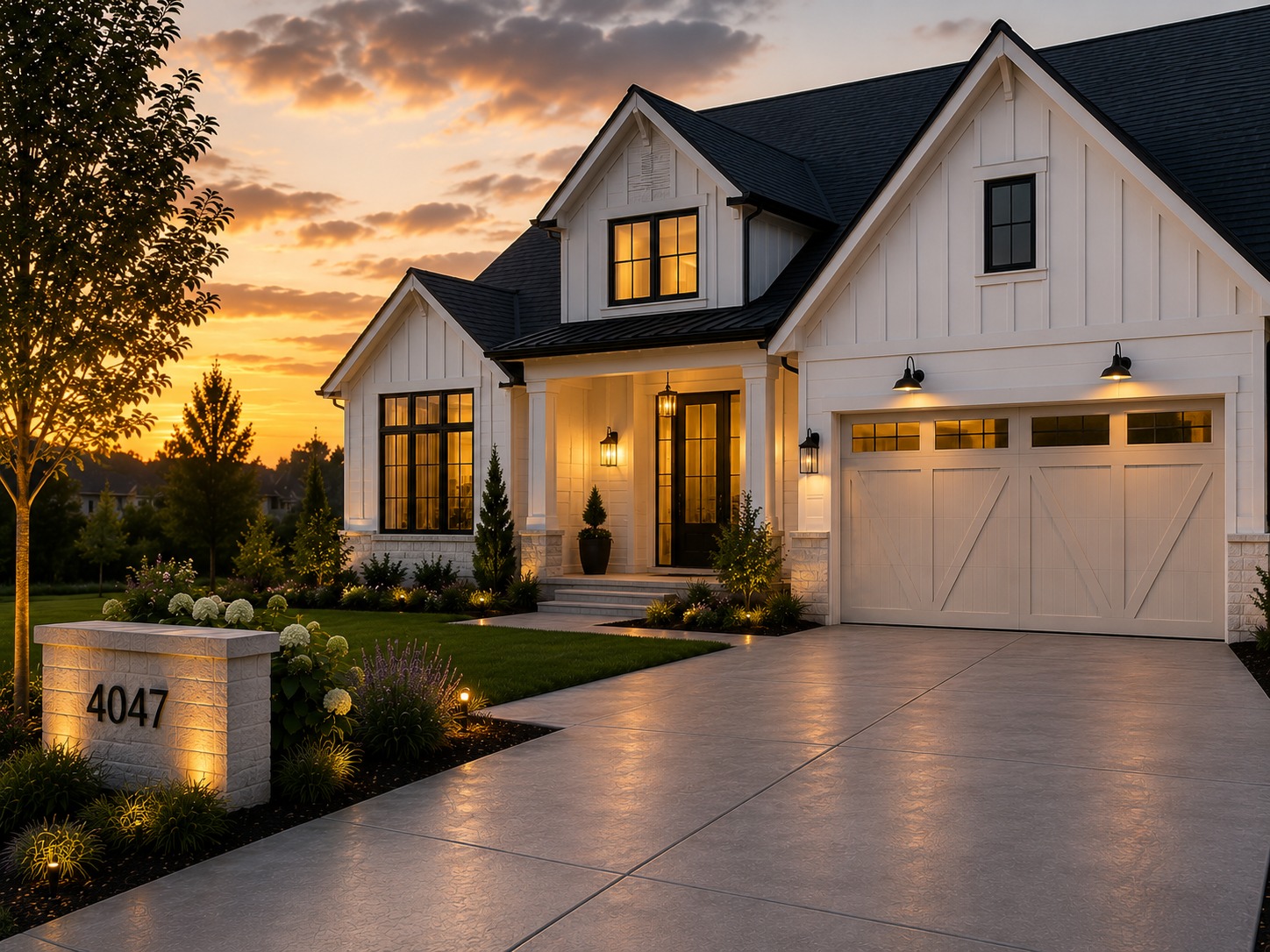A well-built curved concrete driveway leading to a home in St. Charles County at dusk, softly lit by landscape lighting