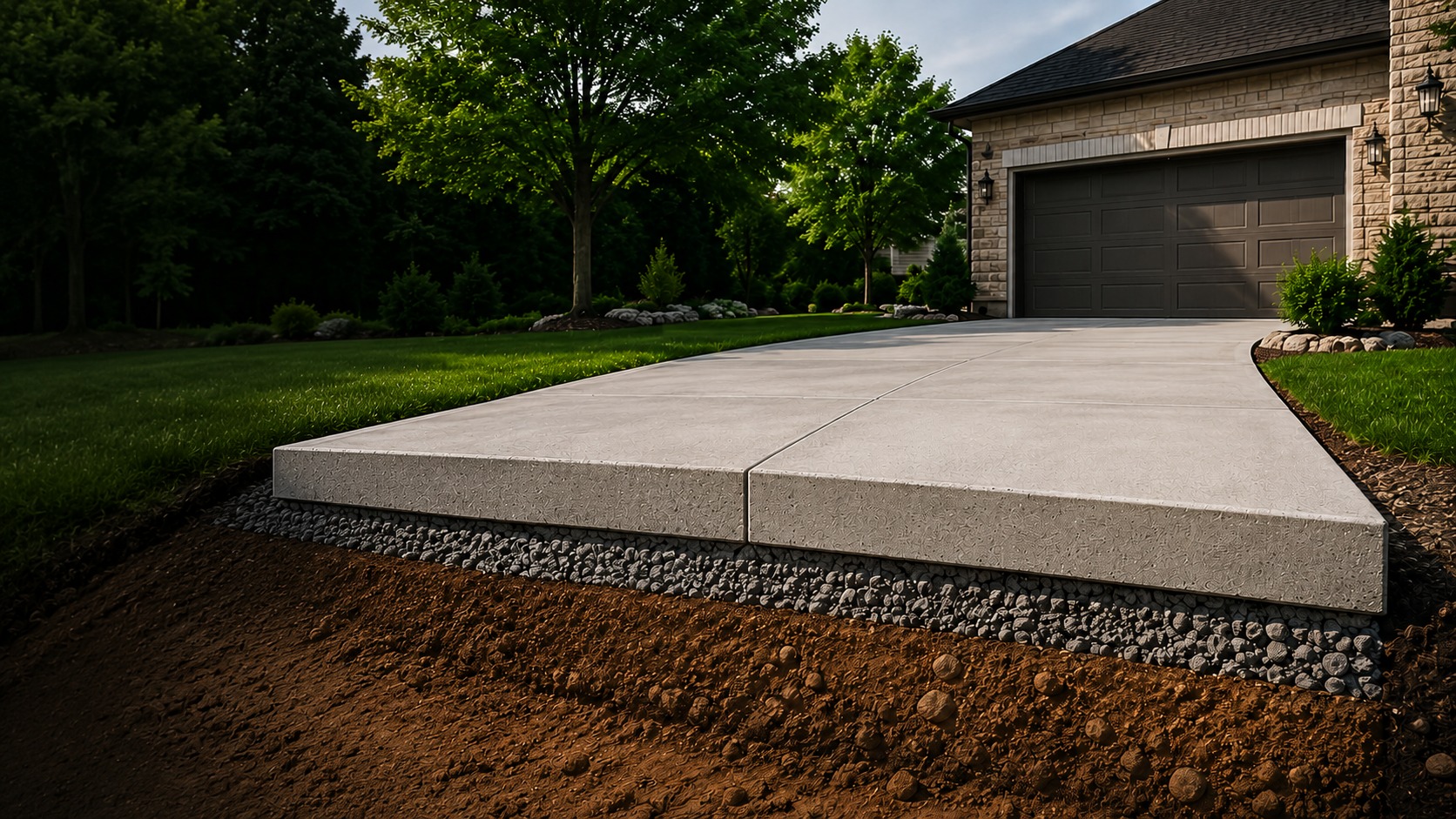 Cross-section of a concrete driveway showing the slab, compacted gravel base, and soil beneath it, next to a home in St. Charles County