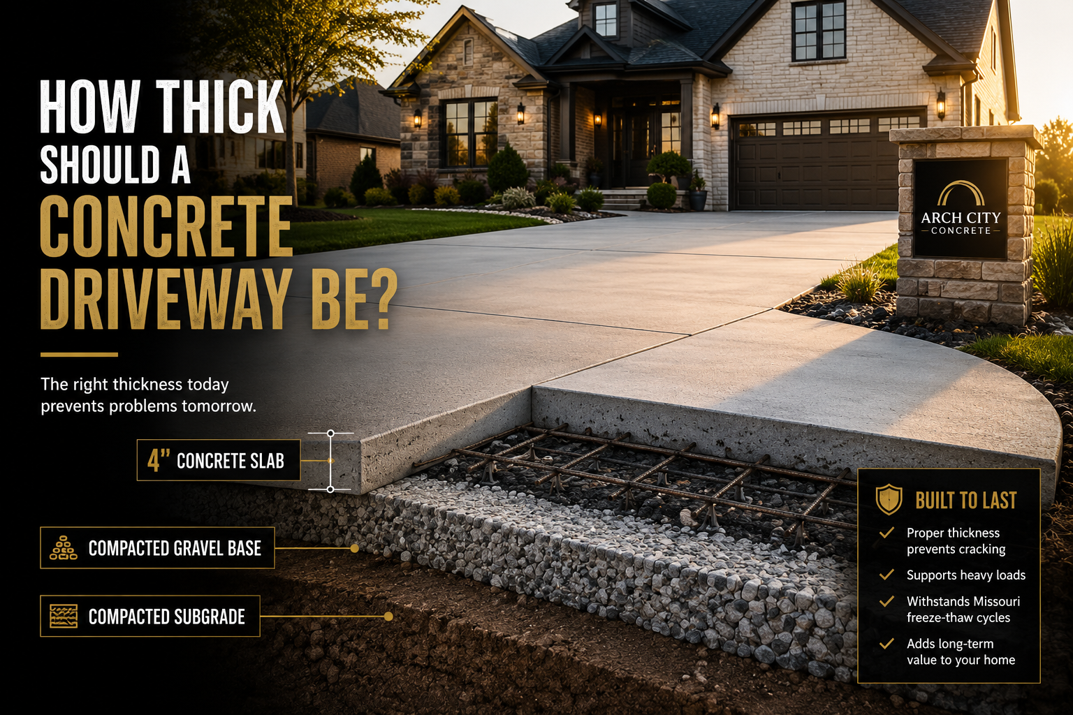 Concrete driveway cross-section showing proper slab thickness, reinforcement, and gravel base