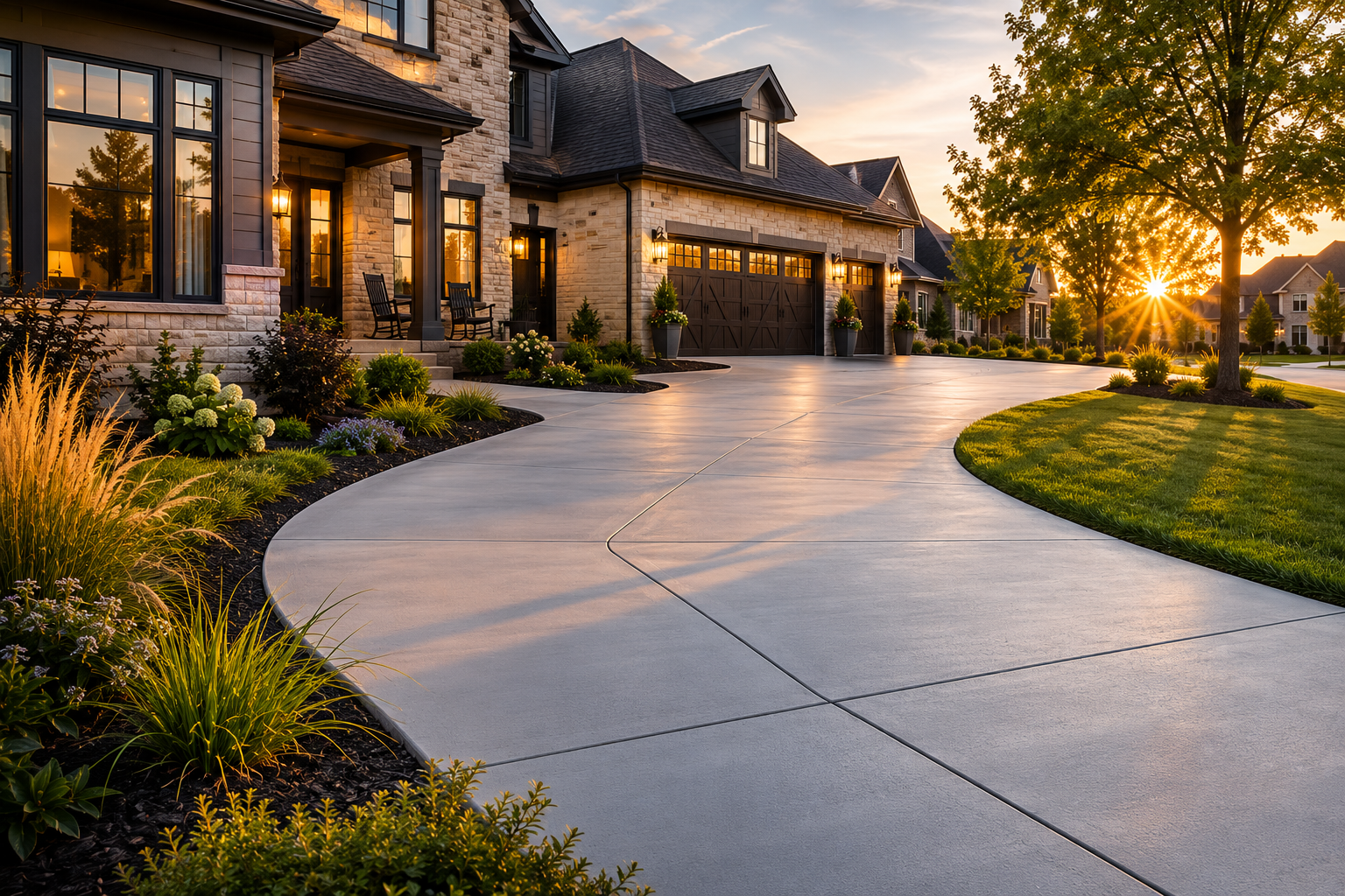 Luxury St. Charles County home with professionally installed concrete driveway at golden hour, premium landscaping, and architectural stone facade.
