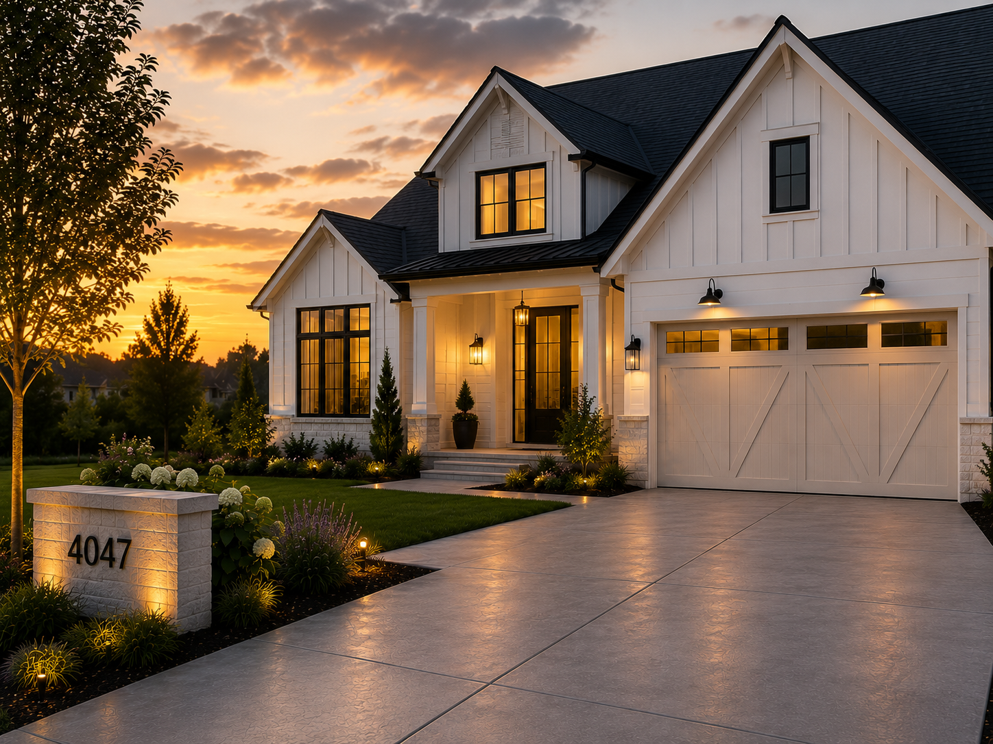 Luxury white modern farmhouse with a professionally installed concrete driveway at golden hour in St. Charles County, Missouri.