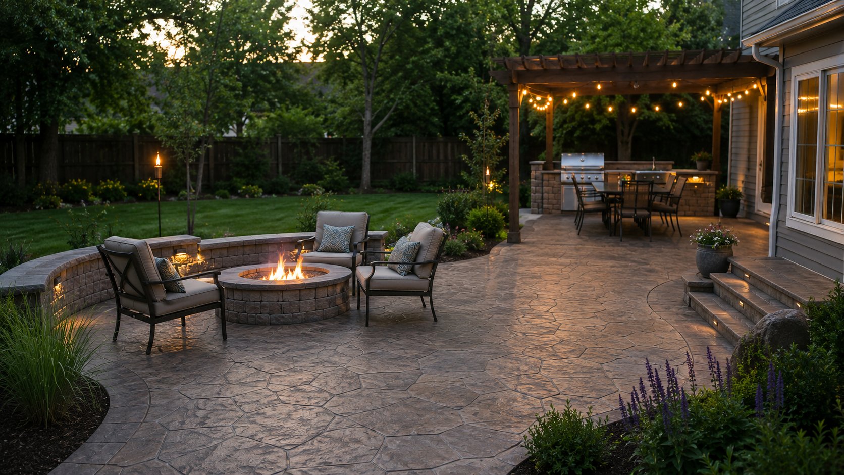 Multi-zone stamped concrete backyard patio at dusk featuring dining area, outdoor fireplace, pergola with string lights, and outdoor kitchen