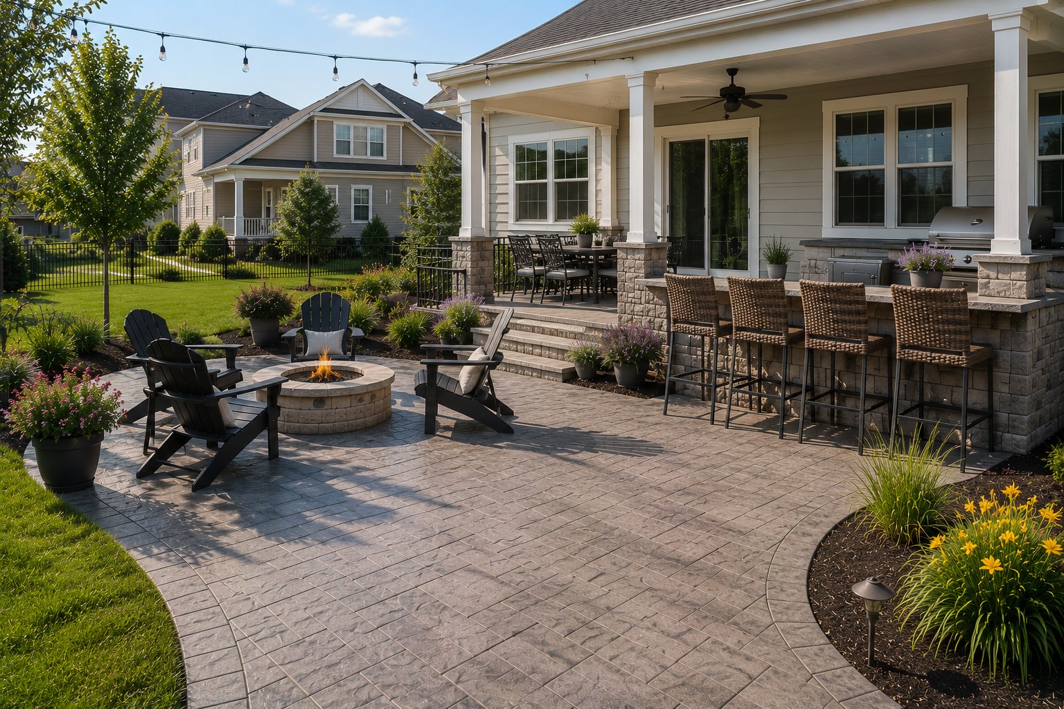 Luxury stamped concrete patio in Lake St. Louis, Missouri featuring fire pit seating area, outdoor kitchen bar, covered porch with ceiling fan, and lush landscaping