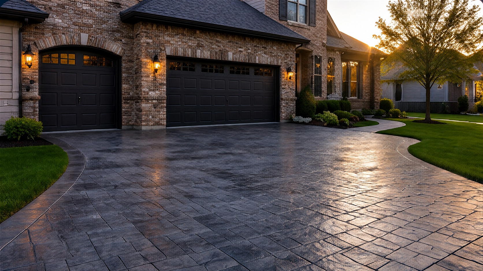 Stamped ashlar concrete driveway glowing at golden hour in front of a St. Louis area home