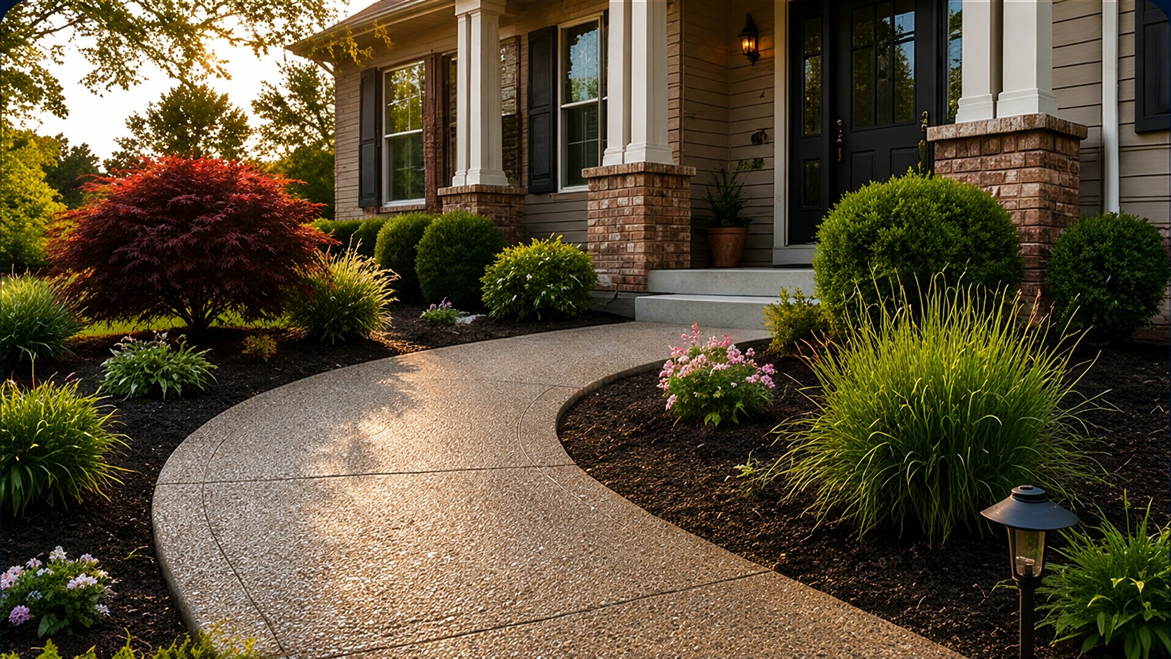 Exposed aggregate concrete walkway curving through lush front landscaping at a St. Louis area home at dusk
