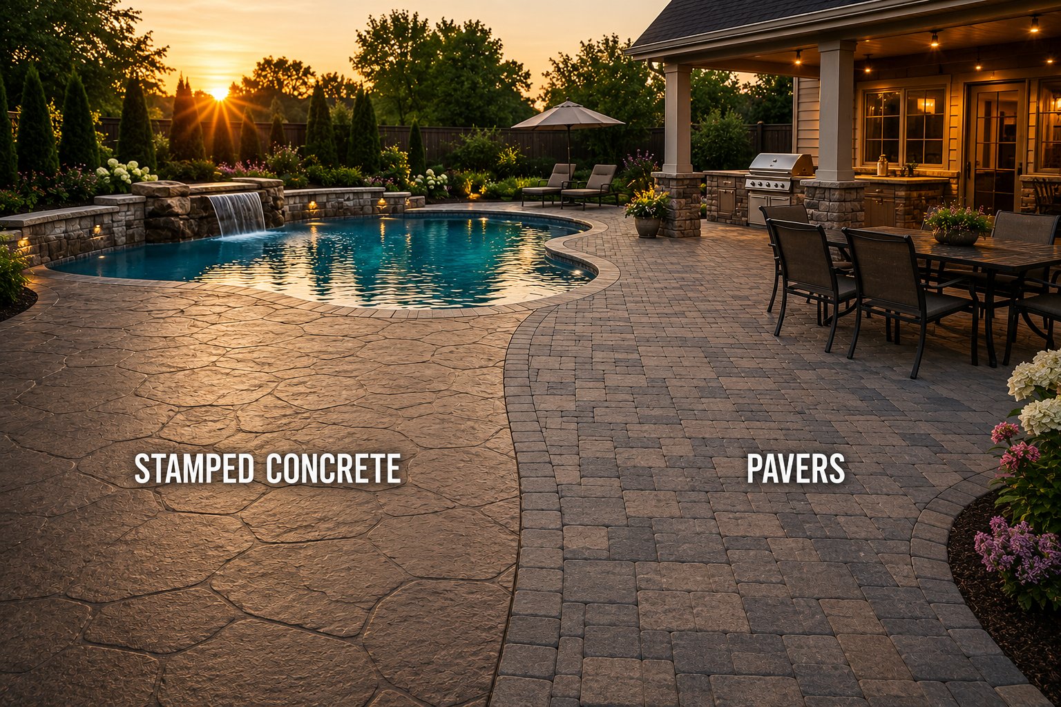 Side-by-side comparison of stamped concrete and concrete pavers at dusk in an outdoor living space