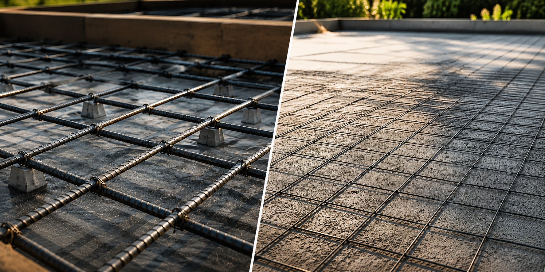Rebar reinforcement grid prepared before a concrete driveway pour in St. Charles County