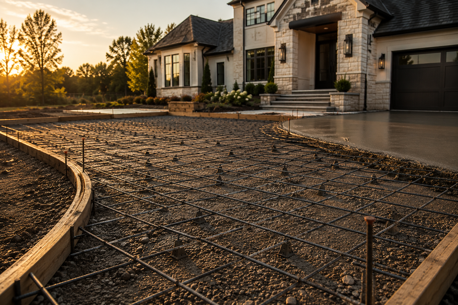 Rebar grid reinforcement installed in a curved concrete driveway at a luxury St. Charles County home at golden hour, with finished concrete visible in the background.