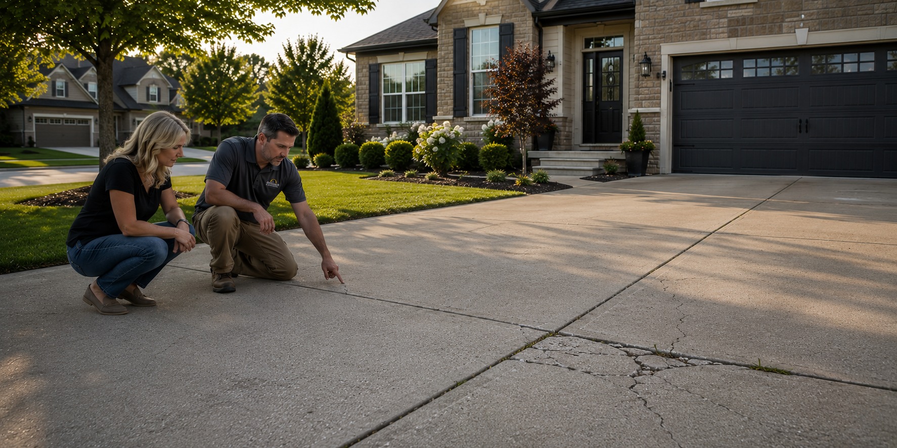 Contractor and homeowner examining a cracked concrete driveway joint