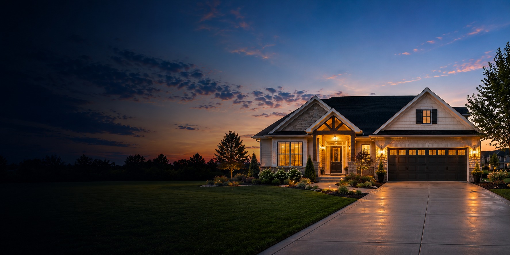 Home with a concrete driveway at dusk in a St. Charles County subdivision