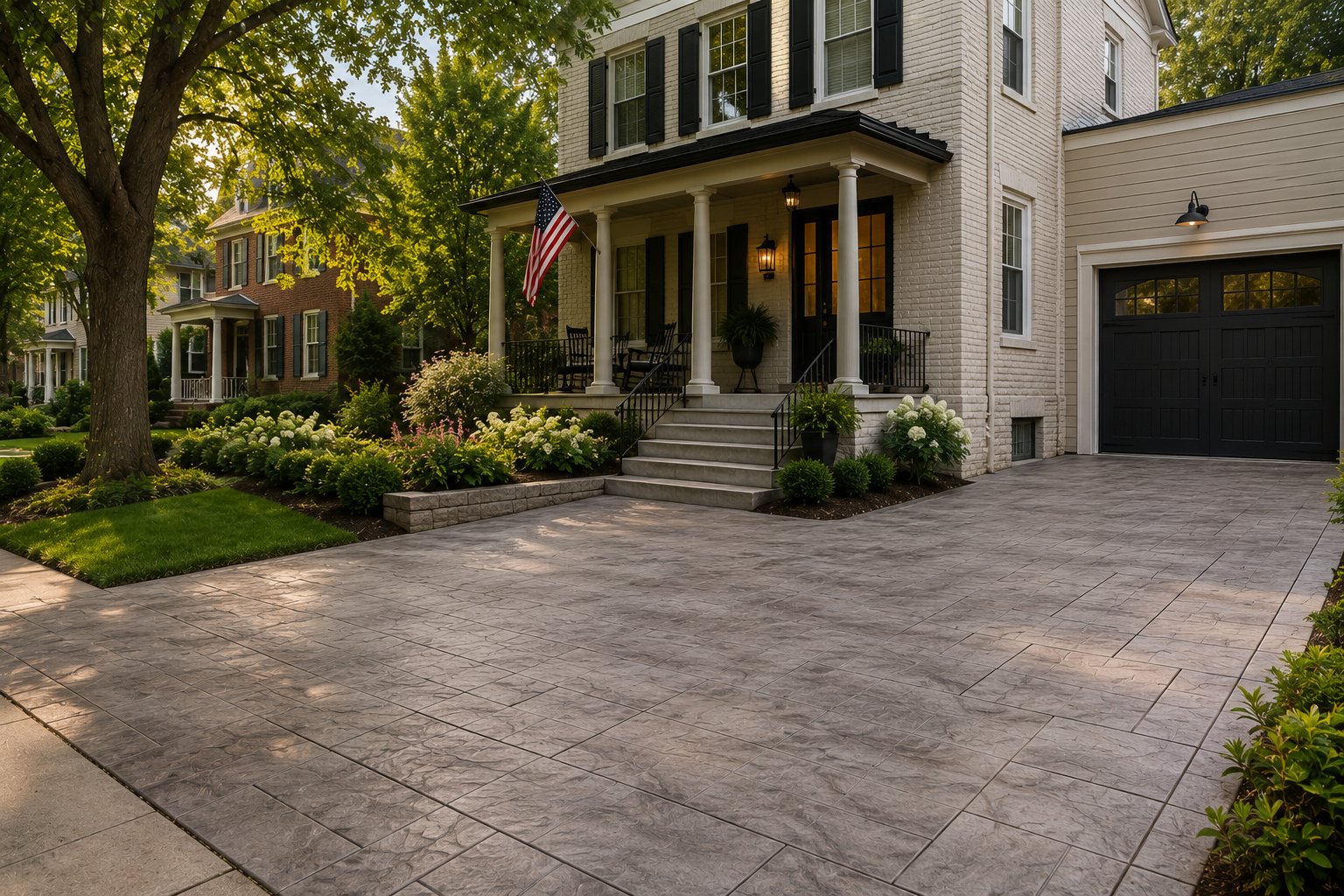 Stamped concrete driveway at a historic St. Charles, Missouri home with covered front porch, mature trees, lush landscaping, and black shutters