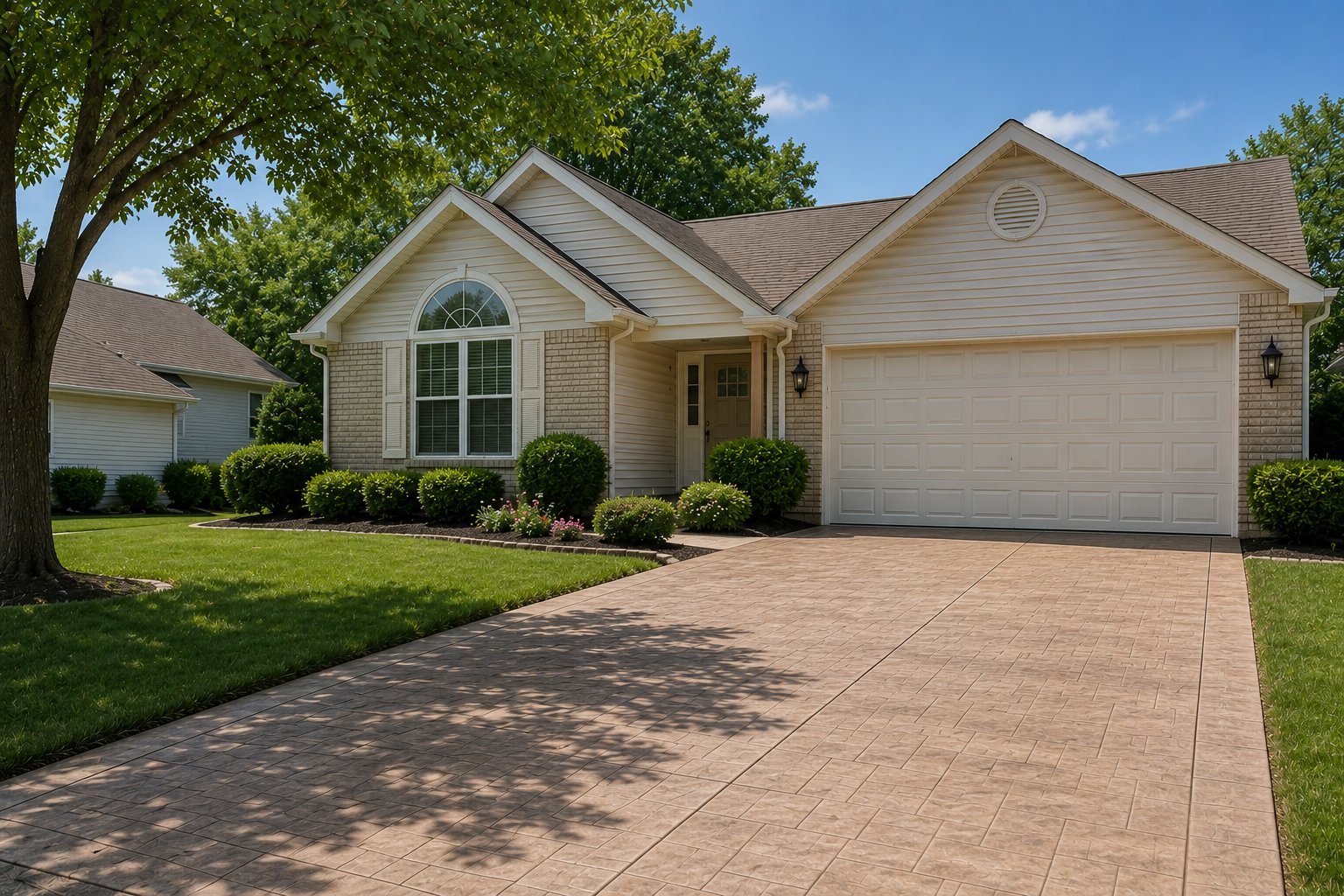 Stamped concrete driveway at a well-maintained St. Peters, Missouri ranch-style home with lush landscaping and two-car garage