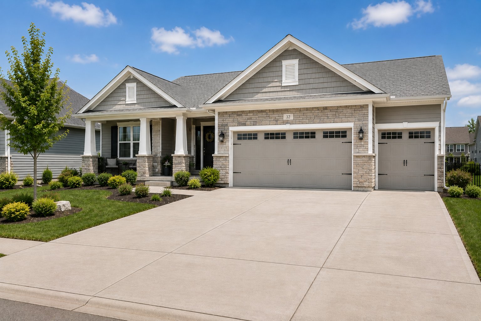 New construction craftsman-style home in Wentzville, Missouri with wide concrete driveway, three-car garage, stone accents, and immaculate landscaping