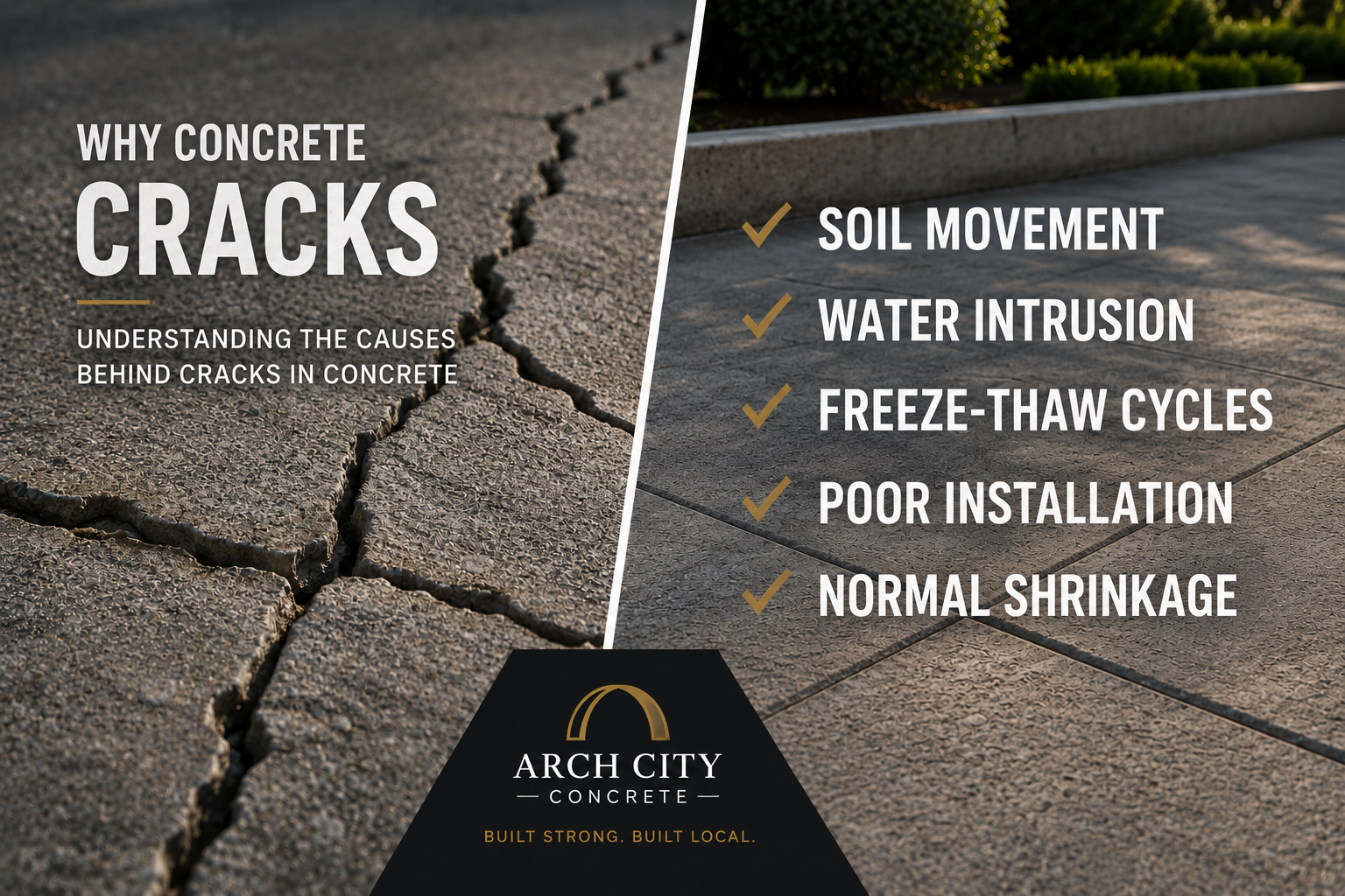 Infographic explaining why concrete cracks, including soil movement, water intrusion, and freeze-thaw cycles