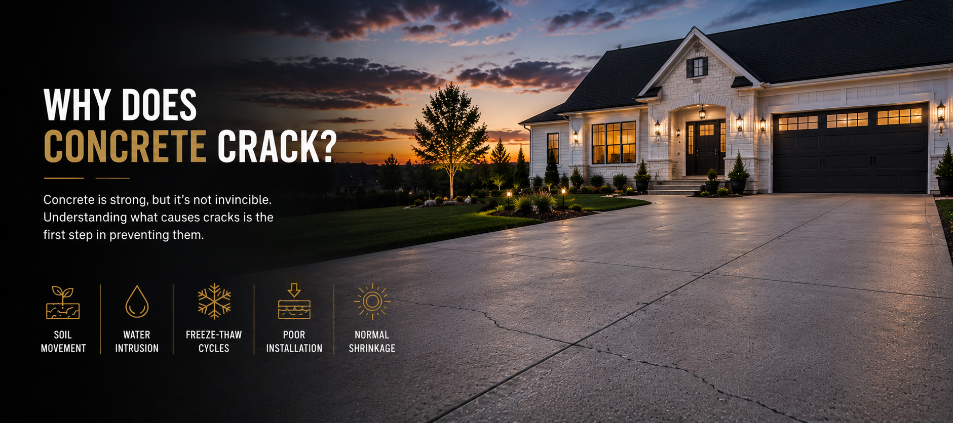 Why Does Concrete Crack — a concrete driveway at dusk showing common causes of cracking including soil movement, water intrusion, freeze-thaw cycles, poor installation, and normal shrinkage