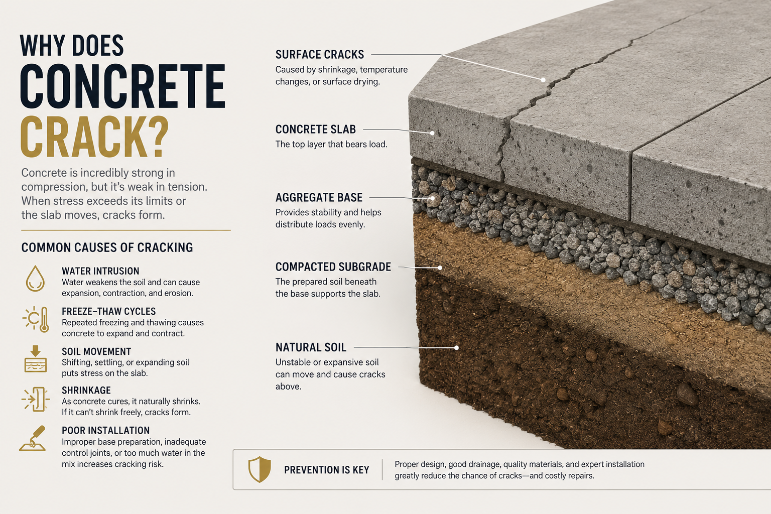 Infographic showing a concrete slab cross-section with surface cracks, concrete slab, aggregate base, compacted subgrade, and natural soil, along with common causes of cracking including water intrusion, freeze-thaw cycles, soil movement, shrinkage, and poor installation